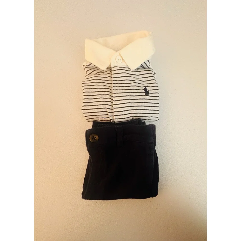 Ralph Lauren Unisex 0-3M 2pc Knit Striped Shirt & Pants Set White/Navy